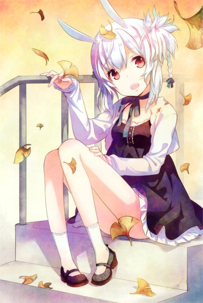 Anime picture 1717x2565 with dj max suee h2so4 single tall image blush highres short hair open mouth light erotic red eyes sitting holding animal ears sky white hair ponytail braid (braids) scan bunny ears