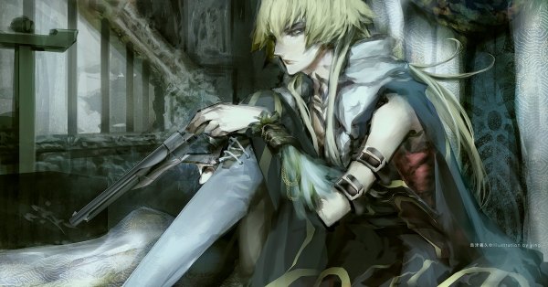 Anime picture 1200x628 with original ying (artist) single long hair blonde hair wide image sitting yellow eyes boy gun cloak