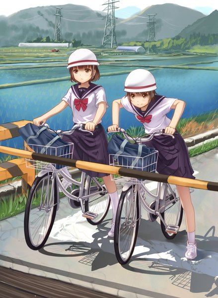 Anime picture 1245x1700 with original kome (okome-smile) tall image fringe short hair brown hair standing multiple girls brown eyes bent knee (knees) pleated skirt sunlight shadow mountain field railroad crossing girl skirt uniform bow