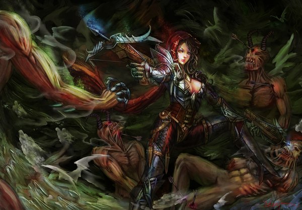 Anime picture 1866x1300 with diablo (game) blizzard entertainment demon hunter edenfox long hair looking at viewer blush highres breasts light erotic black hair smile large breasts sitting holding cleavage lips spread legs dual wielding girl