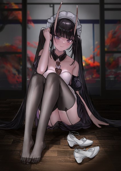 Anime picture 4961x7016 with azur lane noshiro (azur lane) noshiro (hold the ice) (azur lane) nikumocchi single tall image looking at viewer blush fringe highres breasts light erotic black hair sitting purple eyes twintails payot absurdres full body bent knee (knees)
