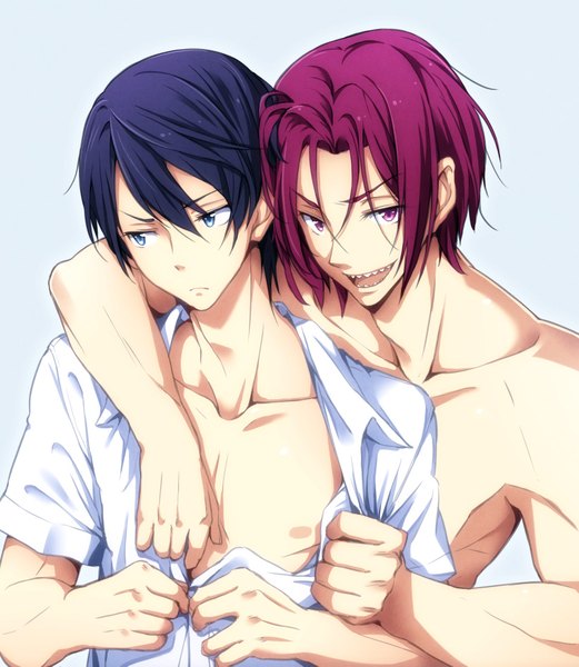 Anime picture 819x942 with free! kyoto animation matsuoka rin nanase haruka (free!) tokunou shoutarou tall image fringe short hair open mouth blue eyes light erotic simple background hair between eyes blue hair looking away pink hair :d pink eyes grey background multiple boys