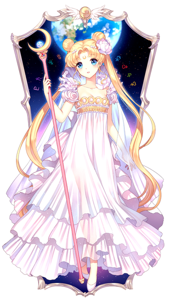 Anime picture 506x900 with bishoujo senshi sailor moon toei animation princess serenity nardack single tall image looking at viewer blush blue eyes blonde hair twintails very long hair hair flower girl dress hair ornament flower (flowers) staff