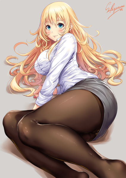 Anime-Bild 800x1131 mit kantai collection atago heavy cruiser sakiyamama single long hair tall image looking at viewer blush fringe breasts blue eyes light erotic simple background blonde hair smile hair between eyes large breasts signed lying long sleeves