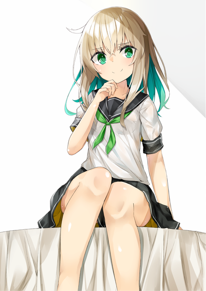 Anime picture 801x1130 with original kavka single long hair tall image looking at viewer blush fringe light erotic simple background blonde hair smile hair between eyes white background sitting green eyes pleated skirt multicolored hair light smile aqua hair