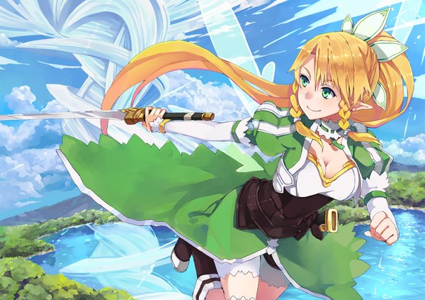 Anime picture 1545x1090 with sword art online a-1 pictures leafa hao (patinnko) single long hair blonde hair green eyes cloud (clouds) ponytail pointy ears elf girl dress weapon sword wings