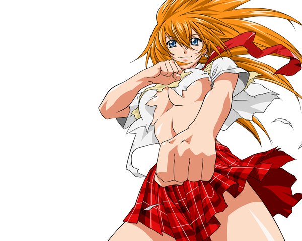 Anime picture 4000x3200 with ikkitousen sonsaku hakufu single long hair looking at viewer highres breasts blue eyes light erotic simple background white background absurdres light smile orange hair torn clothes girl skirt
