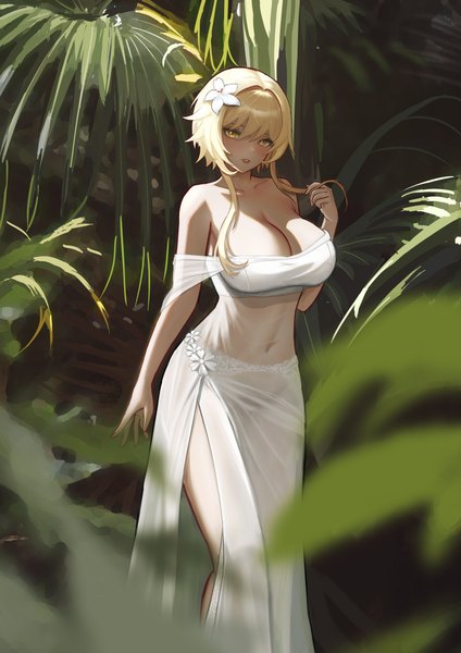 Anime-Bild 3508x4961 mit genshin impact lumine (genshin impact) fish toucher single tall image looking at viewer blush fringe highres short hair breasts light erotic blonde hair hair between eyes large breasts standing yellow eyes absurdres cleavage outdoors