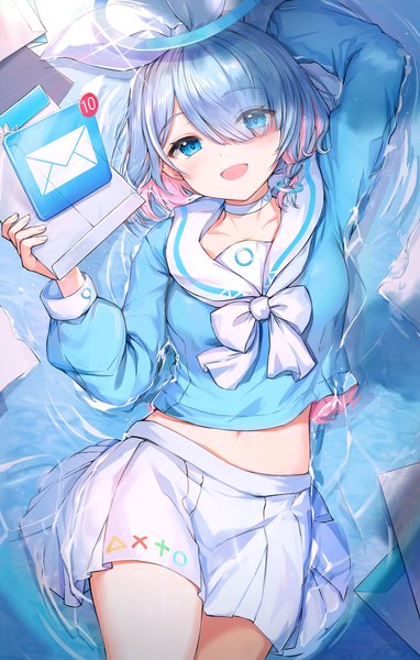Anime picture 1145x1800 with blue archive arona (blue archive) luzzi (milllim) single tall image looking at viewer fringe short hair open mouth blue eyes silver hair braid (braids) :d multicolored hair hair over one eye partially submerged side braid colored inner hair girl skirt