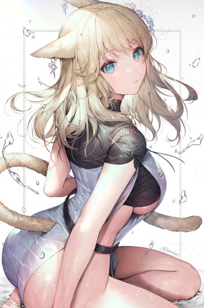 Anime picture 957x1448 with final fantasy final fantasy xiv square enix miqo'te senchat single long hair tall image looking at viewer blush fringe breasts blue eyes light erotic simple background blonde hair large breasts white background sitting signed