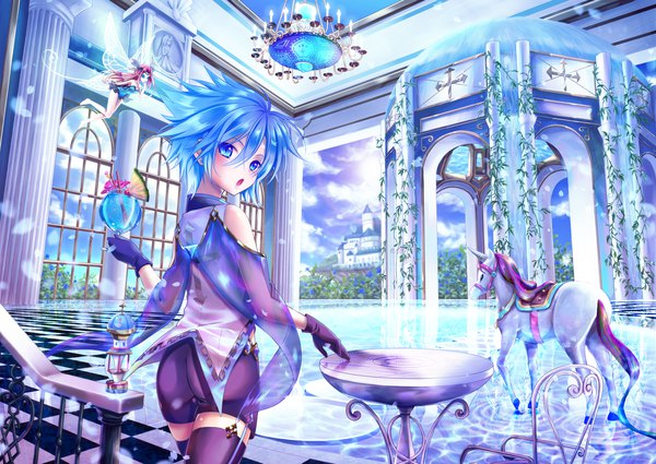 Anime picture 3035x2150 with original sinwa (tamaki) long hair looking at viewer blush fringe highres short hair open mouth blue eyes hair between eyes standing blue hair absurdres purple hair indoors looking back :o reflection solo focus