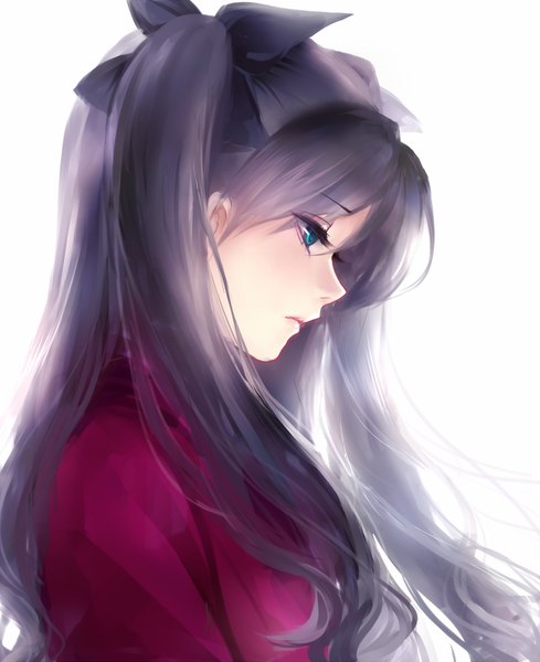 Anime-Bild 700x859 mit fate (series) fate/stay night toosaka rin mallizmora single long hair tall image blush fringe blue eyes black hair simple background hair between eyes standing white background looking away upper body profile two side up looking down