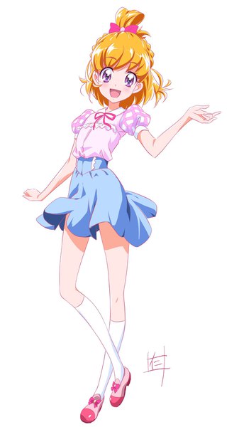 Anime picture 1150x2046 with precure mahou girls precure! toei animation asahina mirai nii manabu single tall image looking at viewer blush fringe short hair open mouth simple background blonde hair white background purple eyes signed full body :d puffy sleeves