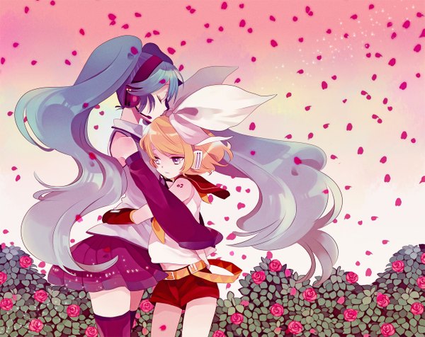 Anime picture 1259x1000 with vocaloid hatsune miku kagamine rin amezawa koma long hair short hair blonde hair twintails bare shoulders multiple girls eyes closed profile aqua hair hug girl flower (flowers) bow 2 girls hair bow detached sleeves