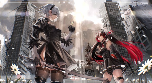 Anime picture 5429x2969 with nier nier:automata punishing: gray raven yorha no. 2 type b alpha (punishing: gray raven) yolanda long hair fringe highres short hair breasts black hair hair between eyes red eyes wide image standing twintails multiple girls holding signed