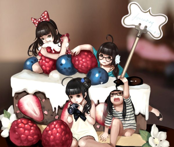 Anime picture 1200x1013 with original bobo1983 long hair open mouth black hair ahoge group striped polka dot girl glasses food berry (berries) strawberry camera