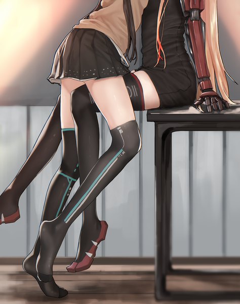 Anime picture 1500x1899 with girls frontline m4 sopmod ii (girls frontline) ro635 (girls frontline) mmm (ji1945) long hair tall image light erotic black hair standing sitting twintails multiple girls pink hair indoors pleated skirt arm support no shoes zettai ryouiki shoujo ai head out of frame