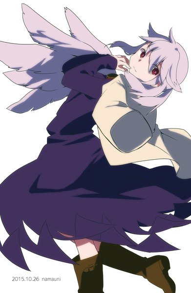 Anime picture 940x1440 with touhou kishin sagume namauni single tall image short hair simple background red eyes standing white background signed looking away purple hair looking back light smile finger to mouth dated standing on one leg single wing girl