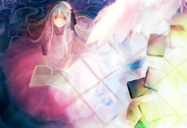 Anime picture 1000x685 with kagerou project shaft (studio) souzou forest (vocaloid) mary (kagerou project) alice1819 single long hair looking at viewer blonde hair red eyes girl dress wings pendant book (books)