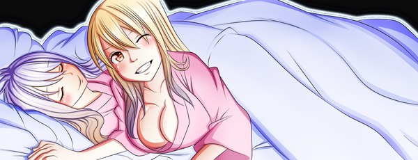 Anime picture 1600x614 with fairy tail lucy heartfilia mirajane strauss mokalala long hair blush breasts light erotic blonde hair smile wide image large breasts multiple girls brown eyes purple hair eyes closed one eye closed wink grin coloring
