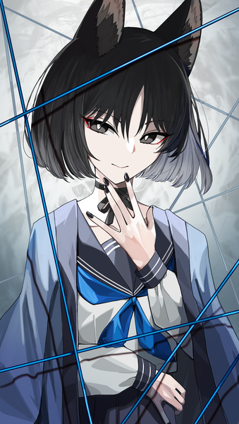 Anime picture 2311x4093 with blue archive kikyou (blue archive) iwahada single tall image looking at viewer highres short hair black hair smile animal ears upper body nail polish black eyes cat ears hand to mouth black nail polish girl uniform choker