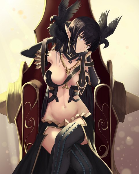 Anime picture 2970x3715 with fate (series) fate/grand order fate/apocrypha semiramis (fate) nekobell single long hair tall image looking at viewer fringe highres breasts light erotic black hair hair between eyes large breasts sitting yellow eyes blunt bangs head tilt