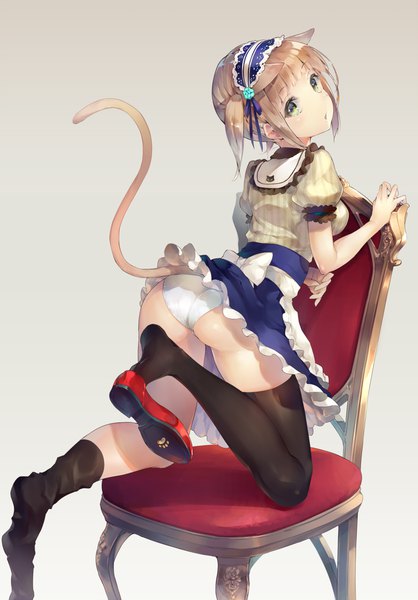 Anime picture 844x1210 with original deecha single tall image looking at viewer blush short hair open mouth light erotic simple background brown hair green eyes animal ears payot bent knee (knees) ass tail animal tail cat ears :o