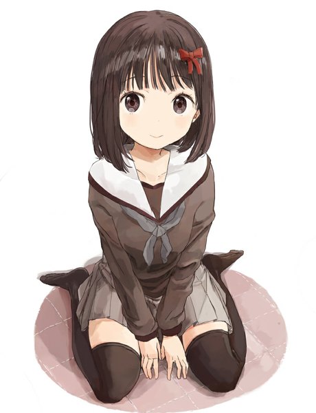 Anime picture 767x1000 with original nasuna (artist) single tall image looking at viewer blush fringe short hair simple background smile brown hair white background sitting brown eyes full body pleated skirt no shoes kneeling wariza girl