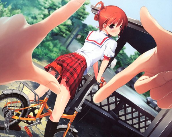Anime picture 3186x2553 with 5 nenme no houkago (artbook) kantoku looking at viewer blush highres smile brown eyes sky looking back scan orange hair turning head plaid skirt pov folded ponytail girl skirt uniform hair ornament plant (plants)
