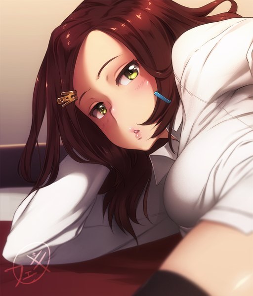 Anime picture 765x897 with original feguimel single tall image looking at viewer blush short hair brown hair yellow eyes bent knee (knees) lying close-up girl thighhighs hair ornament black thighhighs shirt white shirt hairclip