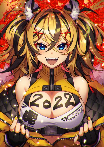 Anime picture 868x1228 with original suneru single long hair tall image looking at viewer fringe breasts open mouth blue eyes light erotic blonde hair hair between eyes large breasts twintails animal ears cleavage upper body nail polish :d