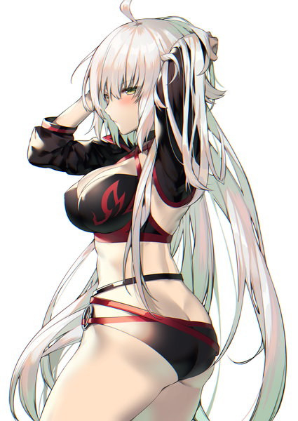 Anime picture 1500x2117 with fate (series) fate/grand order jeanne d'arc (fate) (all) jeanne d'arc alter (fate) jeanne d'arc alter (swimsuit berserker) (fate) itohana single long hair tall image looking at viewer blush fringe breasts light erotic simple background hair between eyes large breasts standing white background yellow eyes