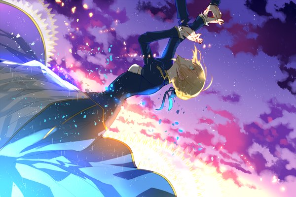 Anime picture 2400x1600 with fate (series) fate/stay night type-moon artoria pendragon (all) saber sennro single long hair fringe highres blue eyes blonde hair standing looking away sky cloud (clouds) braid (braids) profile sunlight hair bun (hair buns)