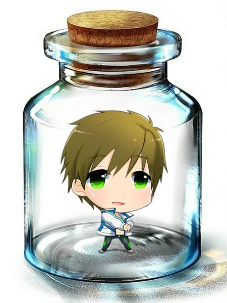 Anime picture 1000x1333 with free! kyoto animation tachibana makoto single tall image looking at viewer short hair open mouth simple background blonde hair white background green eyes open clothes open jacket shadow chibi in bottle boy jacket bottle