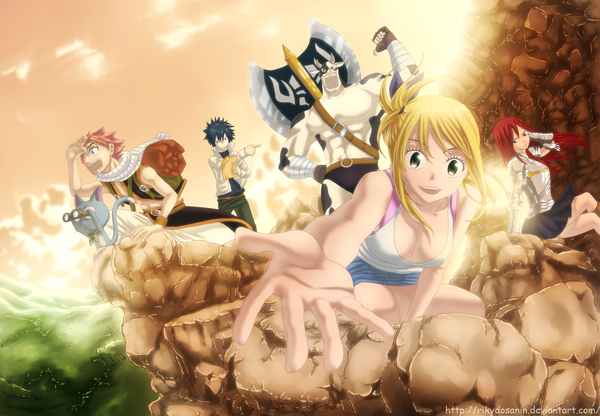 Anime picture 2272x1579 with fairy tail lucy heartfilia erza scarlet natsu dragneel gray fullbuster happy (fairy tail) taurus (fairy tail) rikydosanin long hair highres short hair open mouth black hair blonde hair smile multiple girls pink hair sky cloud (clouds) red hair