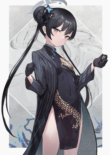 Anime picture 1430x2024 with blue archive kisaki (blue archive) yoyopipa single long hair tall image looking at viewer black hair standing traditional clothes grey eyes hair bun (hair buns) covered navel border chinese clothes side slit outside border girl gloves hair ornament