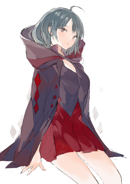 Anime picture 650x918 with original lpip single tall image looking at viewer short hair simple background white background sitting brown eyes ahoge green hair :o girl skirt hood cloak red skirt