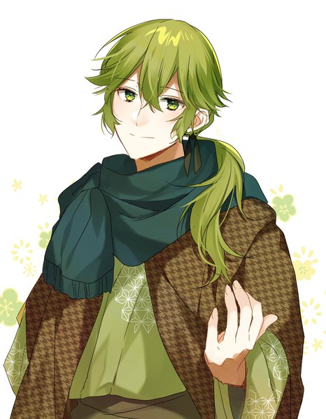 Anime picture 1400x1800 with meiji tokyo renka hishida shunsou kaname monika single long hair tall image looking at viewer fringe hair between eyes white background green eyes upper body traditional clothes head tilt japanese clothes fingernails green hair low ponytail outstretched hand boy