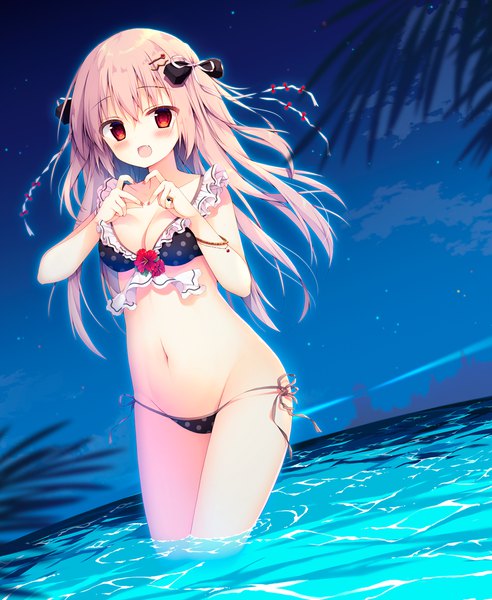 Anime picture 1122x1367 with original izumiyuhina single long hair tall image looking at viewer blush fringe breasts open mouth light erotic smile hair between eyes red eyes standing bare shoulders payot pink hair cloud (clouds) outdoors