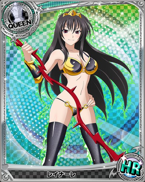 Anime picture 640x800 with highschool dxd raynare (dxd) single long hair tall image light erotic black hair red eyes card (medium) girl thighhighs navel hair ornament weapon black thighhighs swimsuit bikini