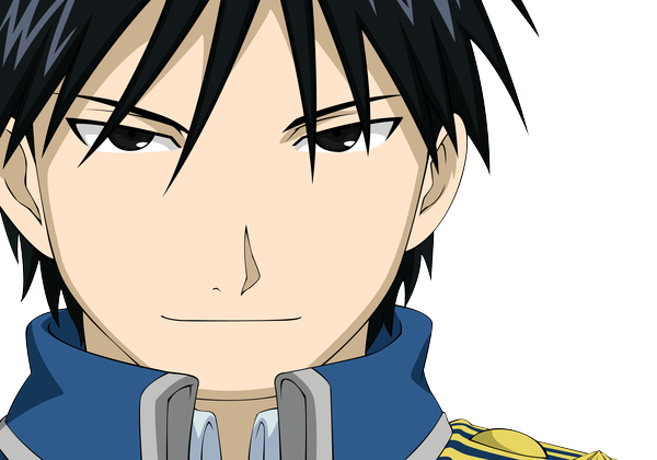 Anime picture 3369x2363 with fullmetal alchemist studio bones roy mustang morrow single looking at viewer highres short hair black hair absurdres light smile black eyes portrait face transparent background vector boy