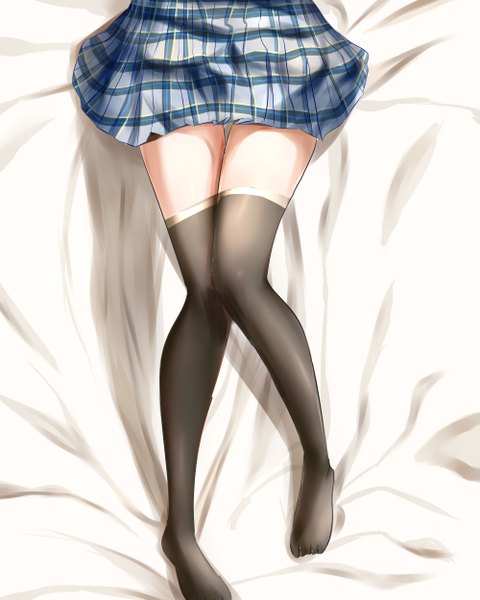 Anime picture 2000x2500 with original ldm single tall image highres bent knee (knees) lying pleated skirt on back no shoes zettai ryouiki legs thigh gap plaid skirt close-up head out of frame girl thighhighs skirt black thighhighs