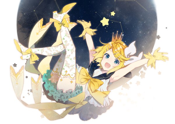 Anime picture 2757x1956 with vocaloid kagamine rin omutatsu single looking at viewer highres short hair open mouth blue eyes blonde hair full body armpit (armpits) spread arms sailor collar constellation girl gloves bow boots star (symbol)