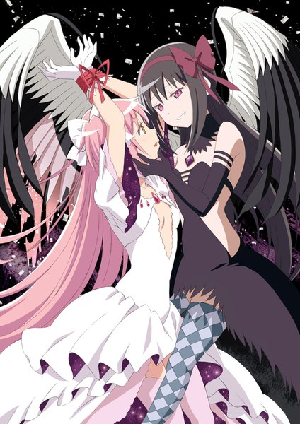 Anime picture 827x1169 with mahou shoujo madoka magica shaft (studio) akemi homura kaname madoka goddess madoka akuma homura ayukko long hair tall image fringe breasts open mouth light erotic black hair simple background smile purple eyes twintails bare shoulders multiple girls