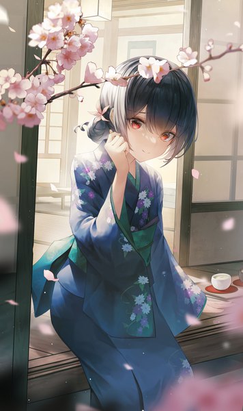 Anime picture 3437x5797 with idolmaster idolmaster shiny colors morino rinze crystalherb single tall image looking at viewer fringe highres short hair black hair smile red eyes sitting absurdres traditional clothes japanese clothes arm up hair flower blurry