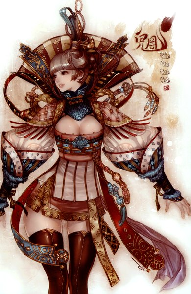 Anime picture 2270x3493 with poppic oriental (artbook) original an jeongwon (artist) single tall image highres brown hair twintails braid (braids) grey eyes hieroglyph girl thighhighs dress corset