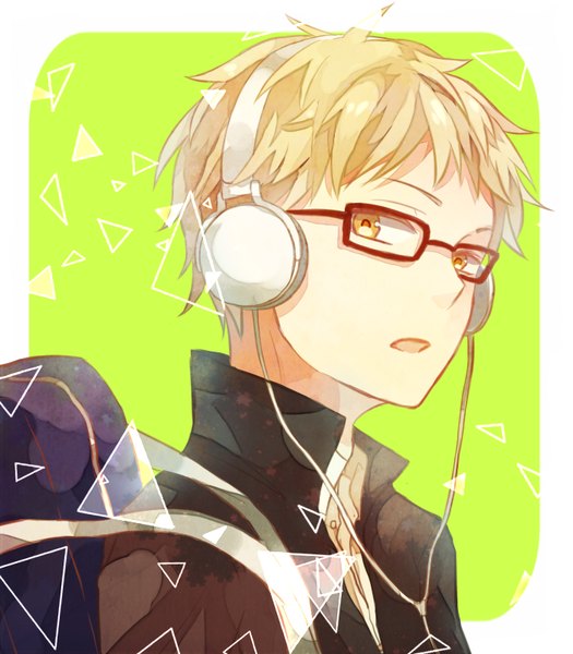 Anime picture 700x800 with haikyuu!! production i.g tsukishima kei omamon single tall image looking at viewer short hair open mouth simple background blonde hair yellow eyes upper body green background boy uniform school uniform glasses headphones school bag