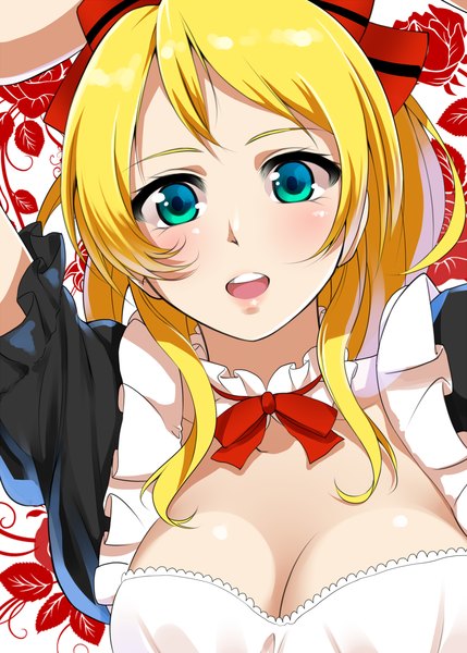 Anime picture 1036x1449 with love live! school idol project sunrise (studio) love live! ayase eli mattari yufi (artist) single long hair tall image looking at viewer open mouth blue eyes light erotic blonde hair girl dress bow hair bow