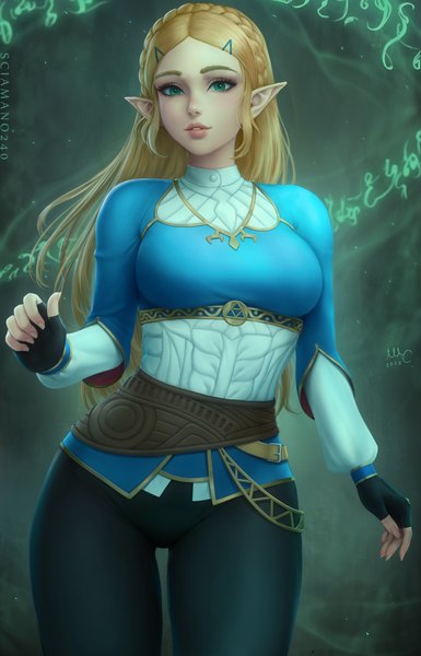 Anime picture 1924x3000 with the legend of zelda the legend of zelda: breath of the wild nintendo princess zelda sciamano240 single long hair tall image looking at viewer blush highres blonde hair standing green eyes signed braid (braids) parted lips fingernails lips pointy ears