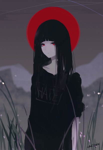Anime picture 2548x3700 with original hate-chan (aoi ogata) aoi ogata single long hair tall image looking at viewer fringe highres black hair red eyes standing signed blunt bangs inscription grey background pale skin clothes writing red moon girl